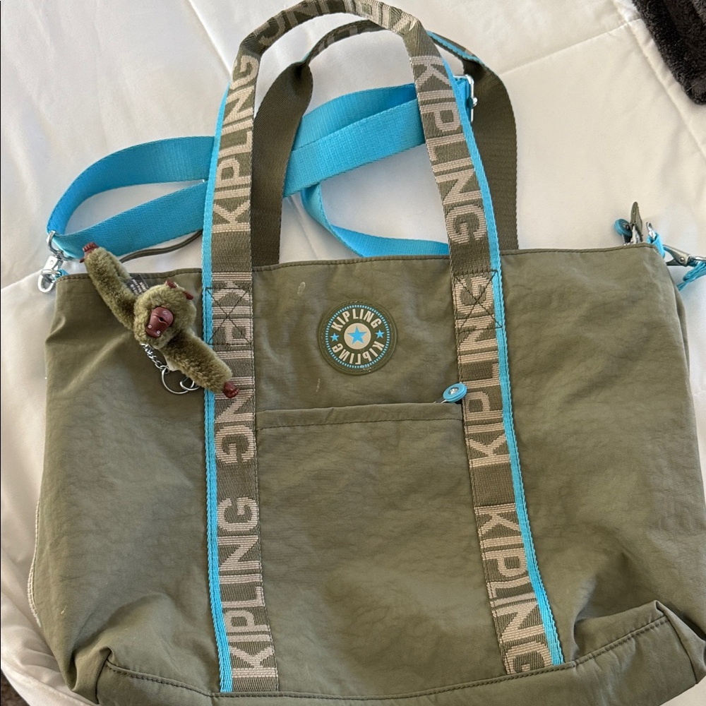 Kipling Olive Tote with Blue Highlights